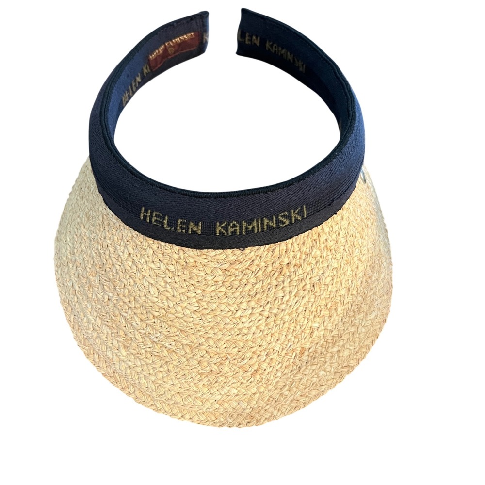 Helen Kaminski Raffia Sun Visor Navy Blue Elastic Band Natural Straw One Size